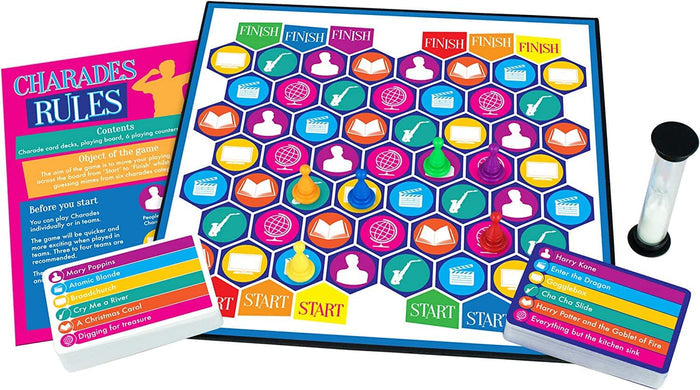 Board game with colorful hexagonal board, character cards, hourglass timer, and instructions for Charades Family.