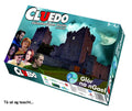 Rectangular board game box for Cluedo in Irish featuring a moonlit stone castle and six character portraits.