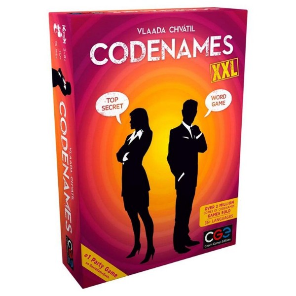 Red and orange board game box featuring two spy silhouettes, speech bubbles, and bold CODENAMES XXL title text.