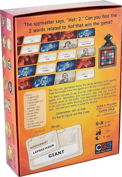Back of orange board game box featuring gameplay illustrations, a card size comparison, and game information.