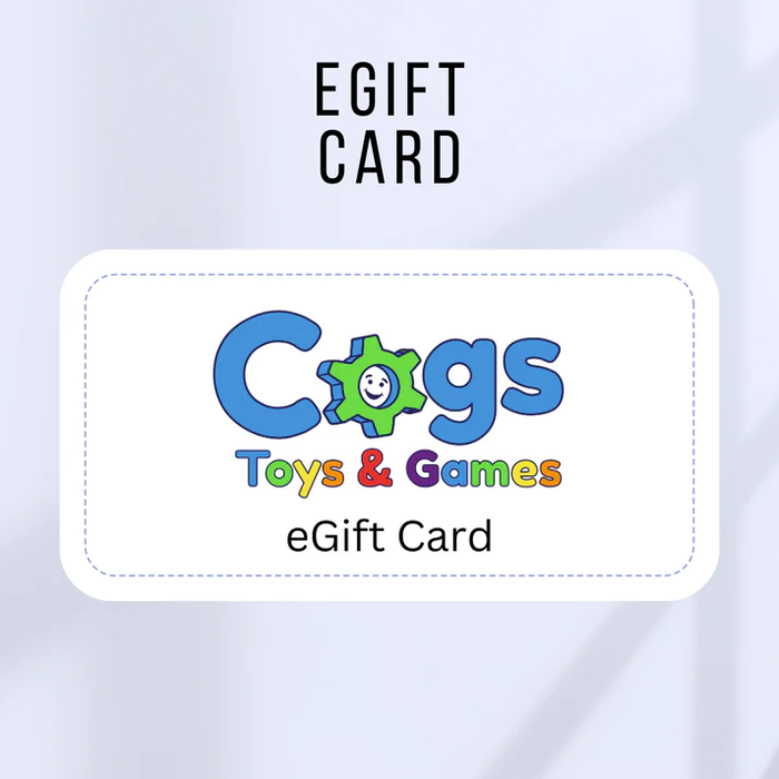 White digital gift card with a dashed border, colorful Cogs Toys & Games logo, and a smiling green gear character.