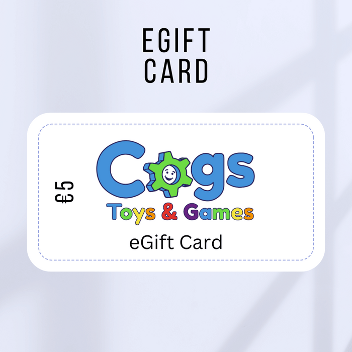 White 5 Euro e-gift card with blue dashed border and colorful Cogs logo featuring a smiling green gear character.