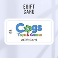 White 5 Euro e-gift card with blue dashed border and colorful Cogs logo featuring a smiling green gear character.