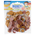 Clear bag of 120 gold, silver, and copper plastic toy Euro coins with an illustrated Clever Kidz header card.