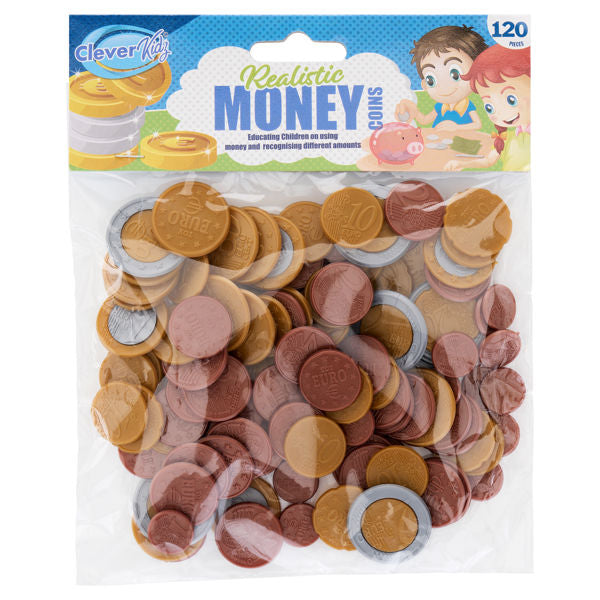 Clear bag of 120 gold, silver, and copper plastic toy Euro coins with an illustrated Clever Kidz header card.