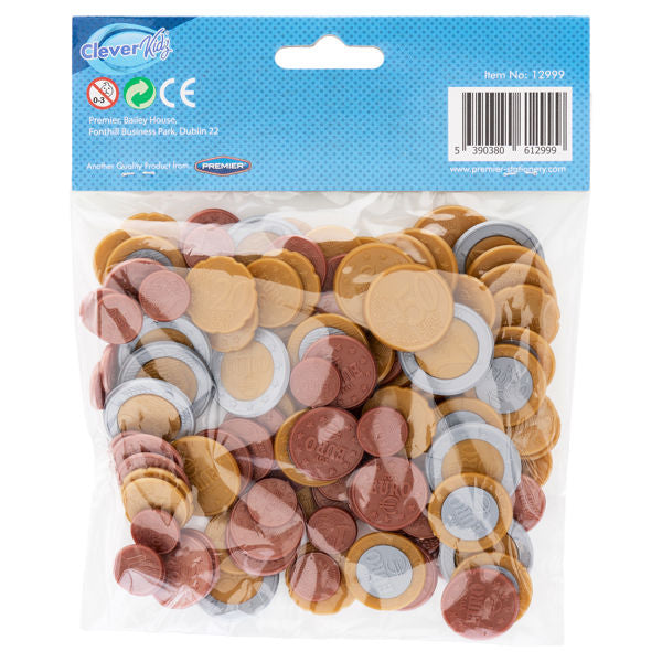Assorted gold, silver, and copper plastic play Euro coins in a clear bag with a blue Clever Kidz header card.