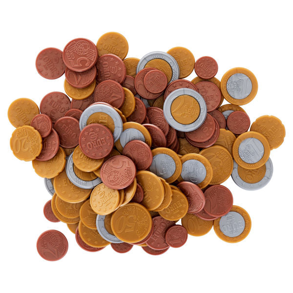 Pile of gold, silver, and copper-brown plastic play coins with embossed Euro denominations on a white background.