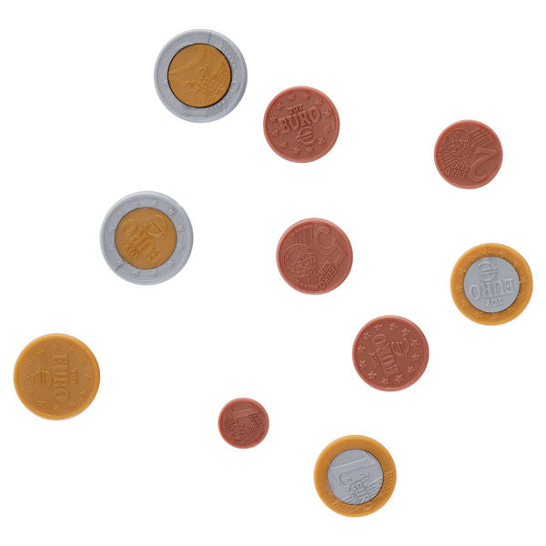 Assorted plastic toy Euro coins in gold, silver, and copper colors with embossed denominations on a white background.