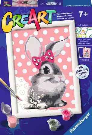 CreArt paint by numbers kit box featuring a bunny with a pink bow, polka dot background, paint pots, and a brush.