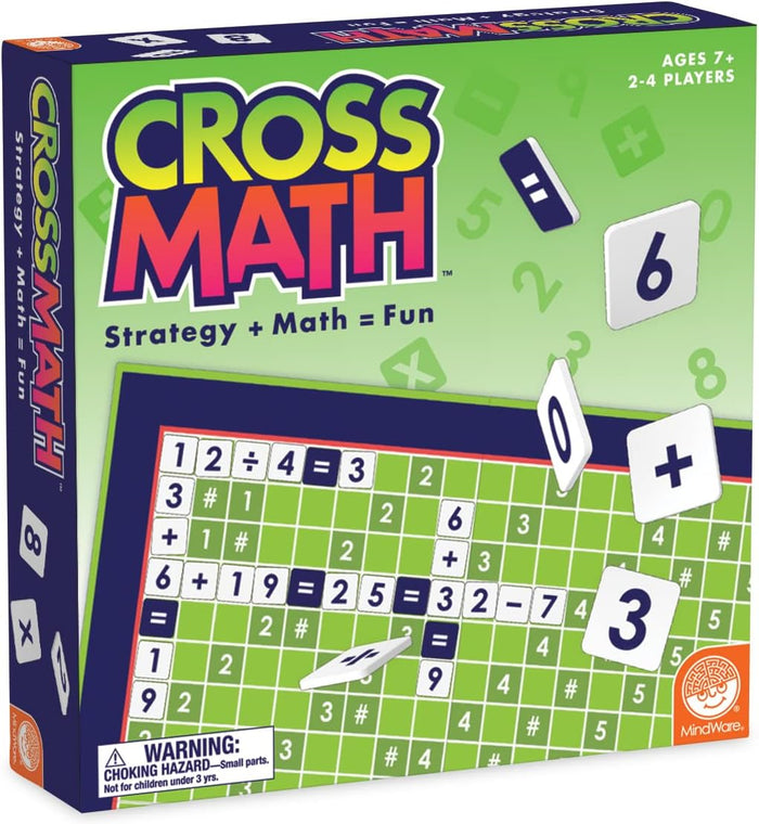 Cross Math board game box featuring a blue grid with white number and math symbol tiles on a vibrant green background.