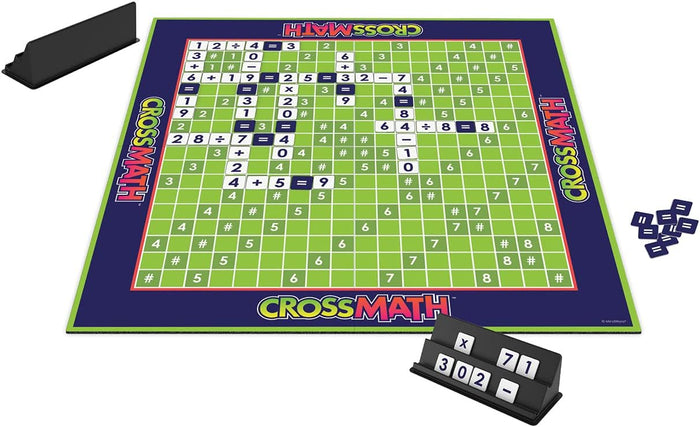 Green and purple math board game with a grid, white number and symbol tiles, and two black plastic tile racks.