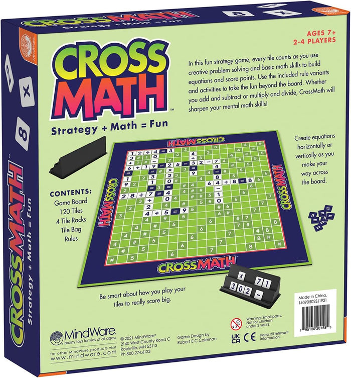 Back of Cross Math game box showing a colorful game board with numerical equations, tiles, and a tile rack.