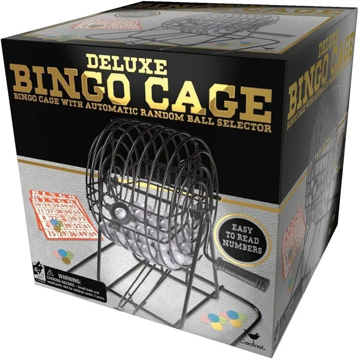 Box for a Deluxe Bingo Cage featuring a black wire cage, white numbered balls, bingo cards, and colorful markers.