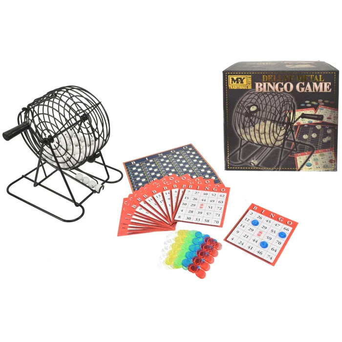 Black wire bingo cage with white balls, colorful plastic chips, and red cards shown beside its black and gold box.