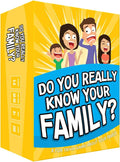 Bright yellow trivia box with a cartoon family, sunburst rays, blue title banner, and player stats on the side panel.