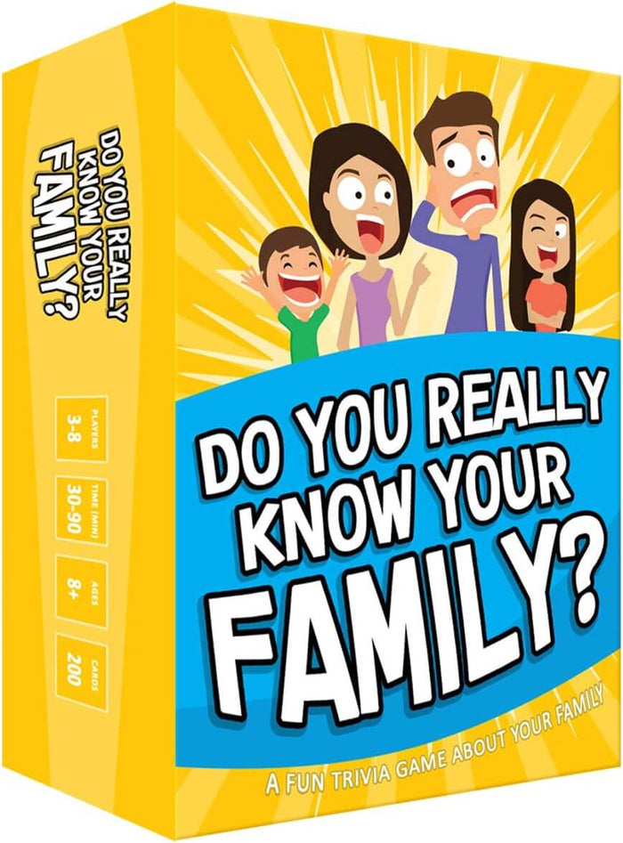 Bright yellow trivia box with a cartoon family, sunburst rays, blue title banner, and player stats on the side panel.