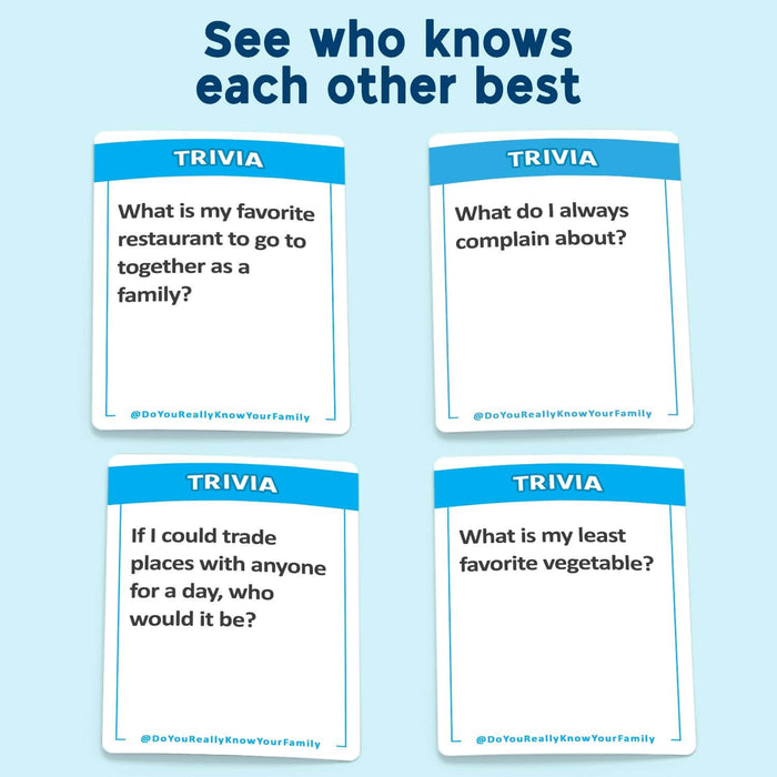 Four white rectangular cards with blue TRIVIA headers and black questions on a light blue background.