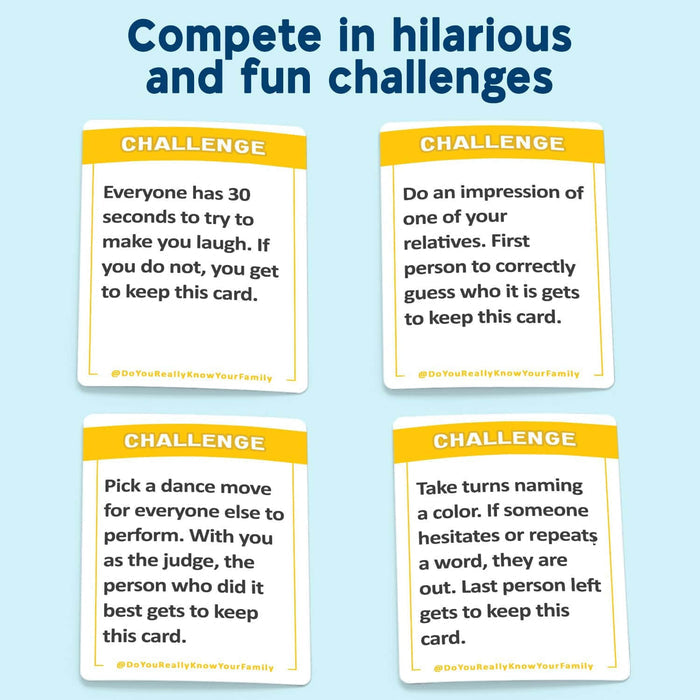 Four rectangular white game cards with yellow "CHALLENGE" headers and text prompts on a light blue background.