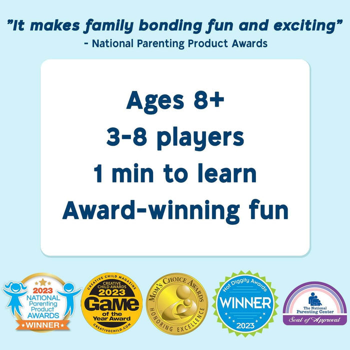 Graphic showing age 8+, 3-8 players, and 1 min learn time, with five 2023 parenting and toy award seals at the bottom.