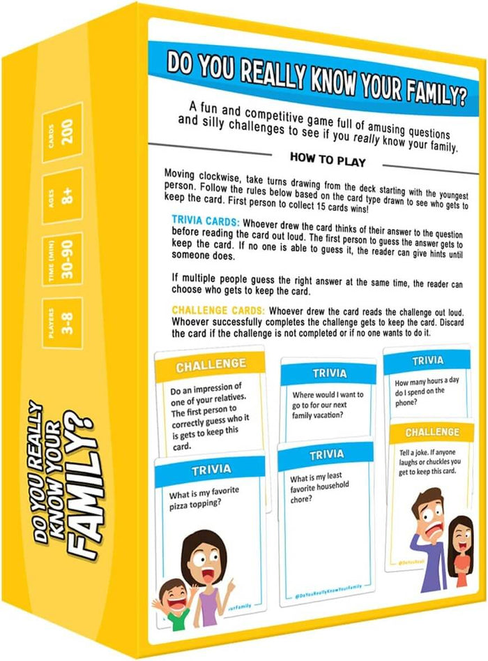 Yellow game box back with instructions, trivia and challenge card examples, player stats, and cartoon illustrations.