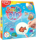 Blue toy box showing a hand drawing on a white paddle to create floating pictures in water with colorful markers.