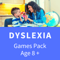 Woman and child laugh at a desk with a globe above white text Dyslexia Games Pack Age 8+ on a solid blue background.