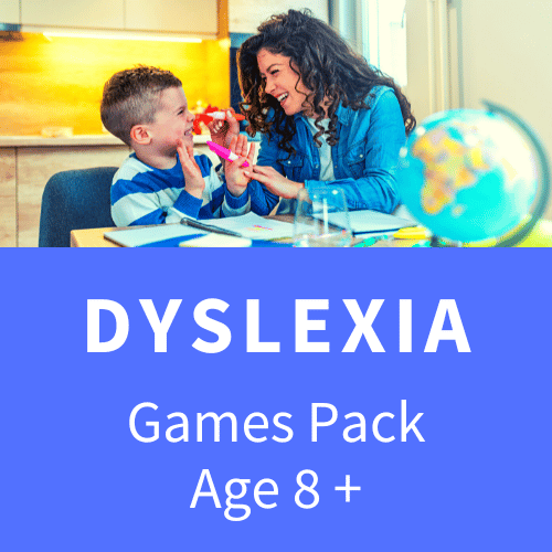 Woman and child laugh at a desk with a globe above white text Dyslexia Games Pack Age 8+ on a solid blue background.