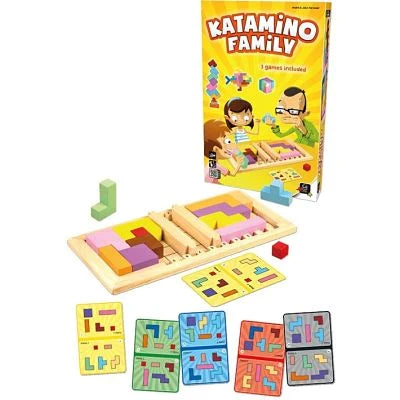 Katamino Family puzzle game with colorful wooden blocks, a wooden board, game cards, and illustrated box.