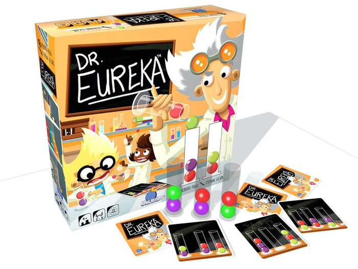 Orange Dr. Eureka board game box with a cartoon scientist, clear test tubes, colorful balls, and challenge cards.