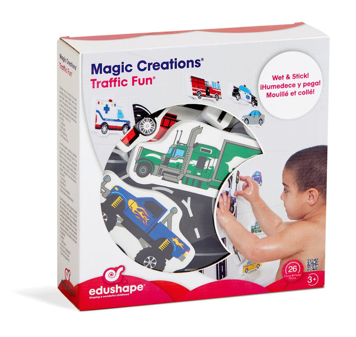White box for Traffic Fun foam bath toys showing colorful vehicle stickers and a child playing in a tub. 26 pieces.