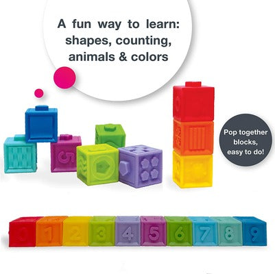 Colorful textured soft blocks with numbers 0 to 9 and embossed shapes, shown stacked and in a horizontal row.
