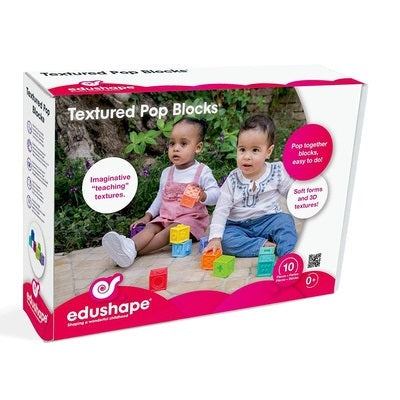 Box for Edushape Textured Pop Blocks showing toddlers playing with colorful, textured interlocking building blocks.