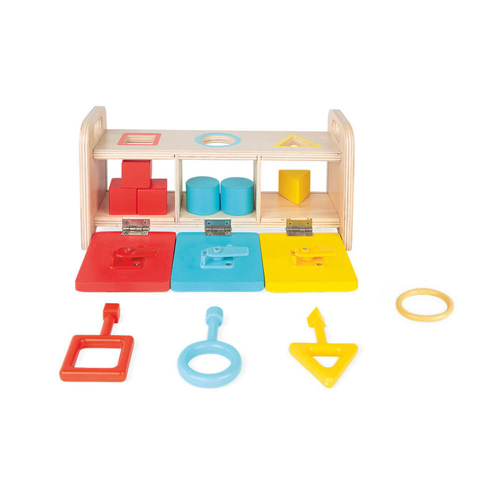 Wooden shape sorter box with red, blue, and yellow doors, matching blocks, and three color-coded geometric keys.