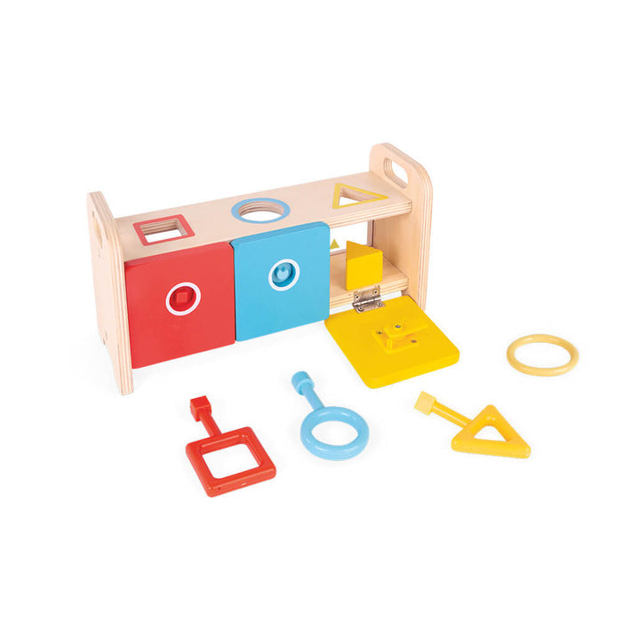 Wooden box with red, blue, and yellow doors, matching blocks, and keys with circle, square, and triangle handles.