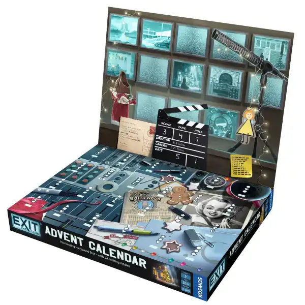 Open advent calendar box showing a Hollywood movie set with monitors, a control panel, and film-themed mystery props.
