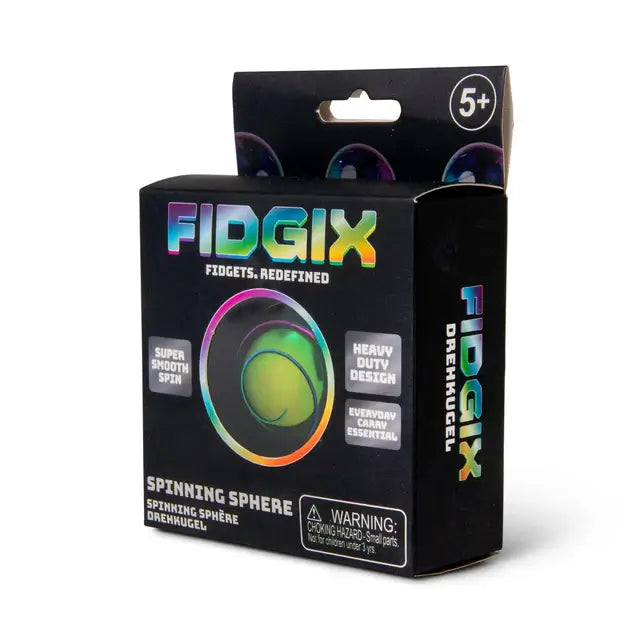 Black box for Fidgix Spinning Sphere with rainbow text and an illustration of a glowing green and yellow metal orb.