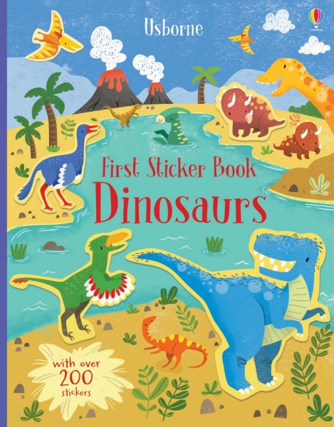 Vibrant book cover showing cartoon dinosaurs, palm trees, and erupting volcanoes in a colorful prehistoric scene.