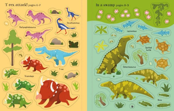 Two pages of colorful dinosaur stickers featuring a blue T-rex and red Triceratops on yellow and green backgrounds.