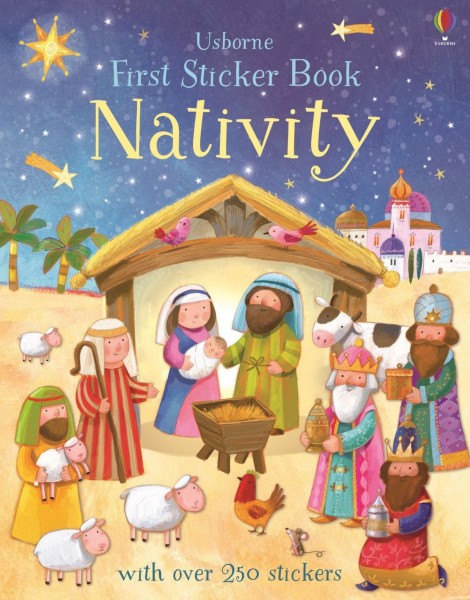 Colorful Nativity sticker book cover with Mary, Joseph, baby Jesus, and animals in a stable under a starry sky.