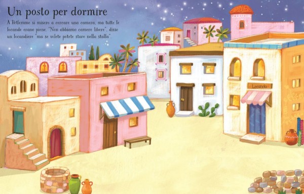 Colorful illustration of a desert village at night with pink and white houses, palm trees, and a starry sky.