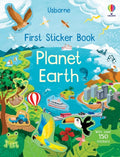 Vibrant blue book cover featuring illustrated global habitats, animals, and text indicating over 150 stickers.