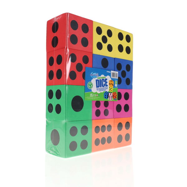 Twelve colorful foam dice with black dots, stacked and shrink-wrapped in clear plastic with a blue product label.