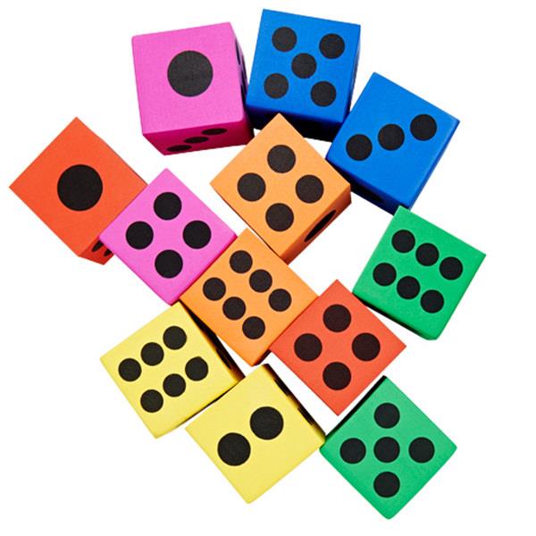 Twelve brightly colored foam dice in shades of pink, orange, yellow, green, and blue with large black pips.