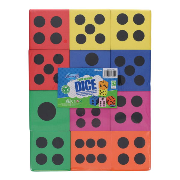 12 large foam dice in red, yellow, blue, green, pink and orange with black pips and a product label.