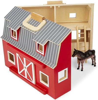 Open red wooden toy barn with grey striped roof, natural wood interior, ladder, and standing brown horse figurine.