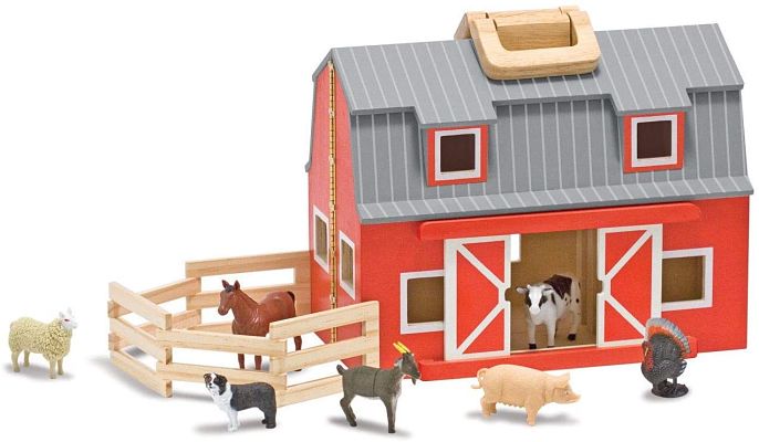 Red wooden toy barn with grey roof, handle, fence, and seven farm animal figures including a cow, horse, and pig.