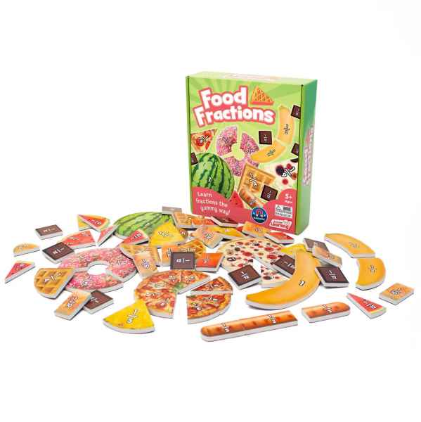 Green box with colorful cardboard food slices of pizza, watermelon, and donuts labeled with fractions.