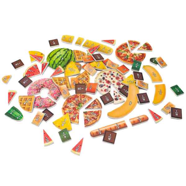 Colorful toy food slices including pizza, banana, and watermelon mixed with square fraction tiles on a white background.