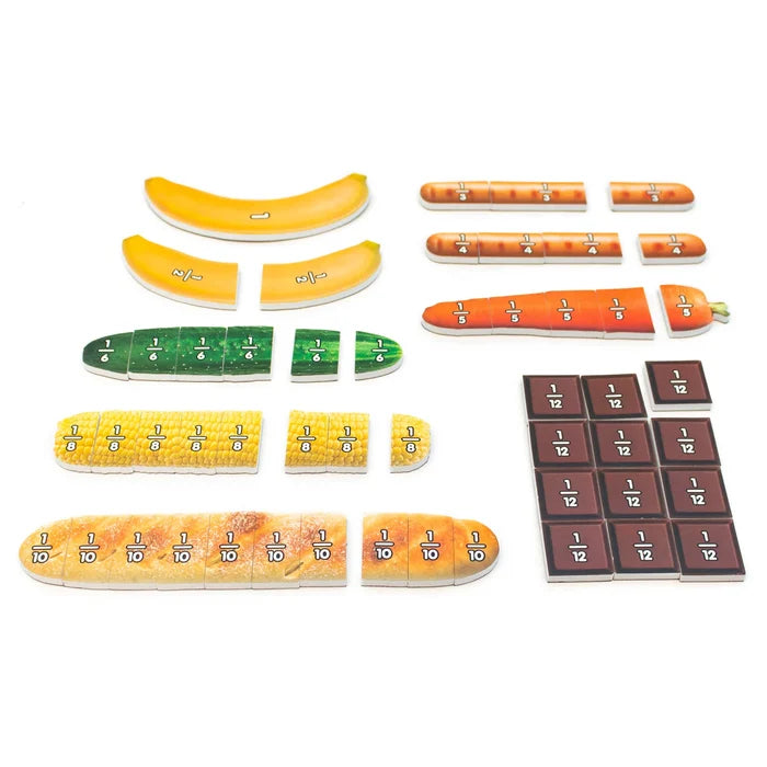 Colorful toy food segments labeled with fractions 1/2 to 1/12, including banana, carrot, bread, and chocolate.
