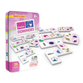 Pink and white Fraction Dominoes tin next to game pieces showing numeric, word, and visual fraction representations.